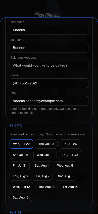The booking request flow on the Too Sharp Studio site: name and contact fields, then a date and time picker.